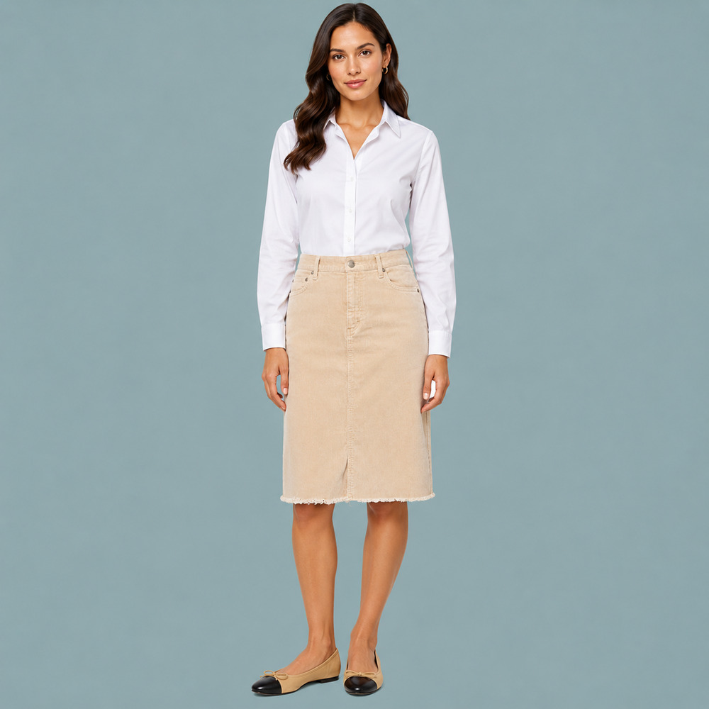 Theory Size 10 Beige Cream Solid Corduroy Raw Frayed Knee Length Cotton Skirt
